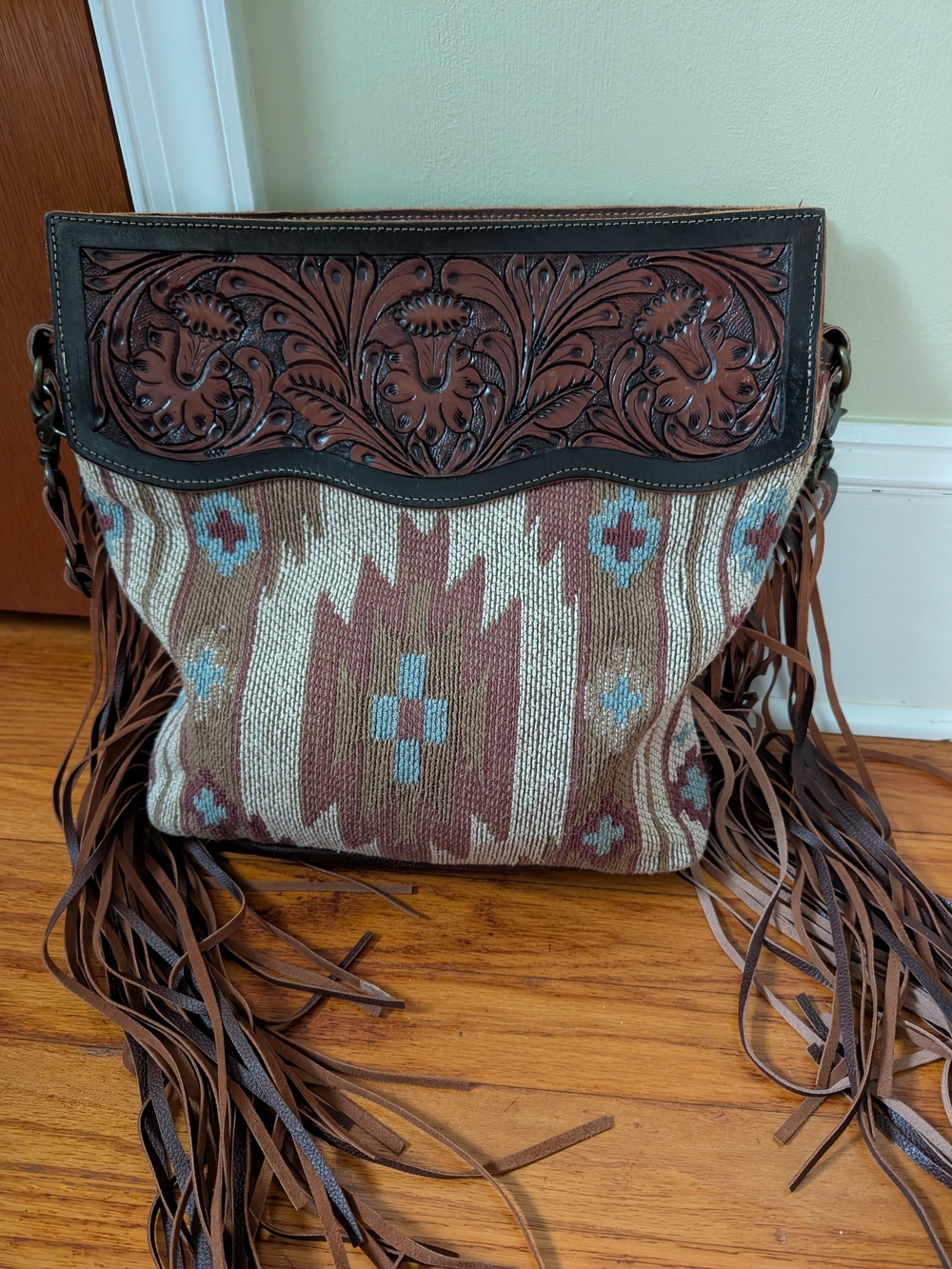 Myra Bag Brown Leather-Trimmed Southwestern Fringe Shoulder Bag